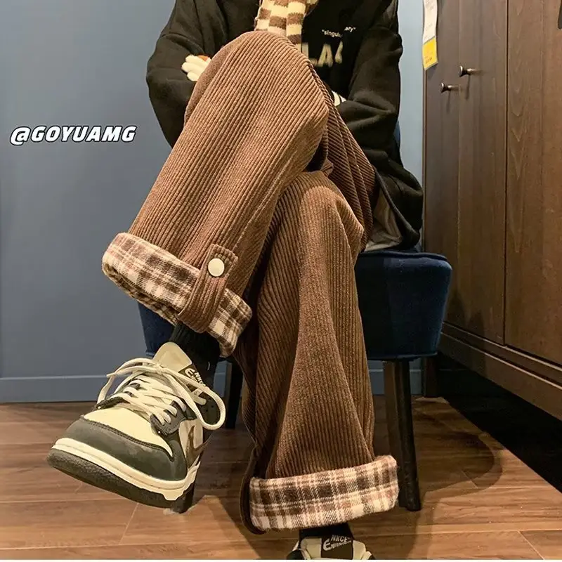 Men's Corduroy Plaid Cuff Pants Brown — feature 26