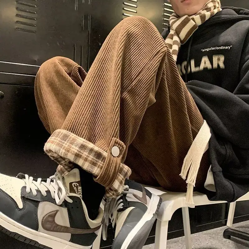Men's Corduroy Plaid Cuff Pants Brown — feature 27