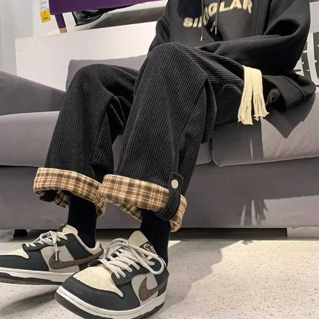 Men's Corduroy Plaid Cuff Pants Brown — feature 5