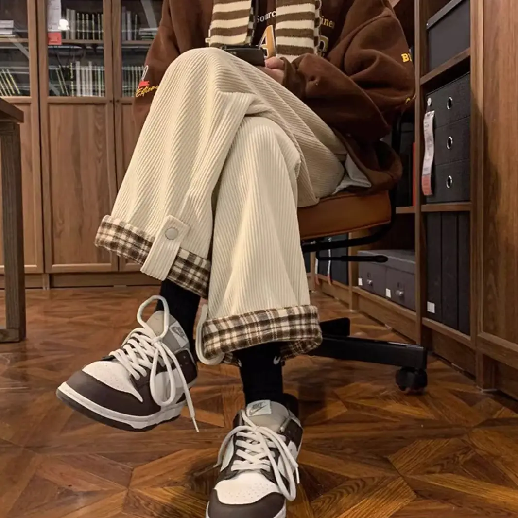 Men's Corduroy Plaid Cuff Pants Brown