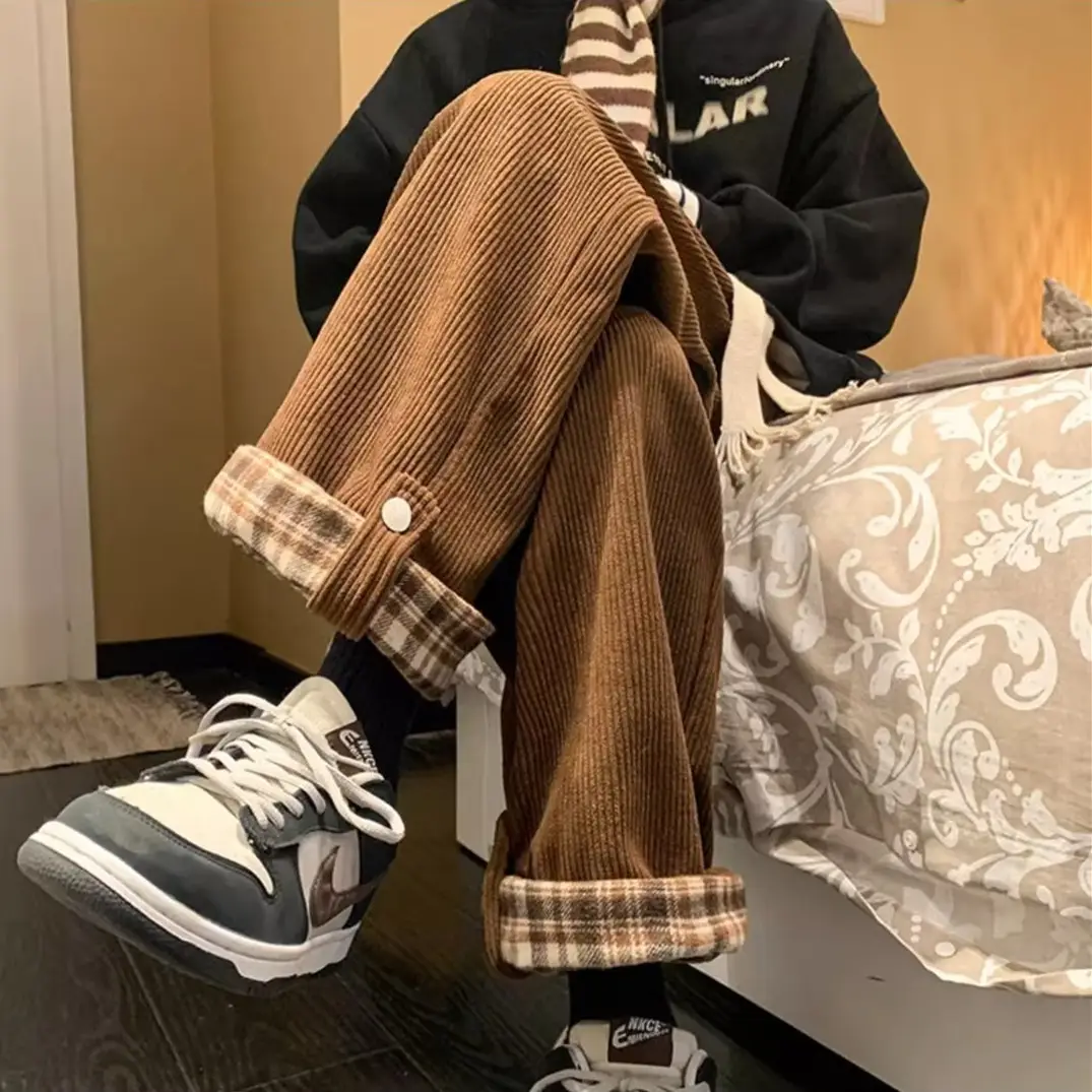 Men's Corduroy Plaid Cuff Pants Brown