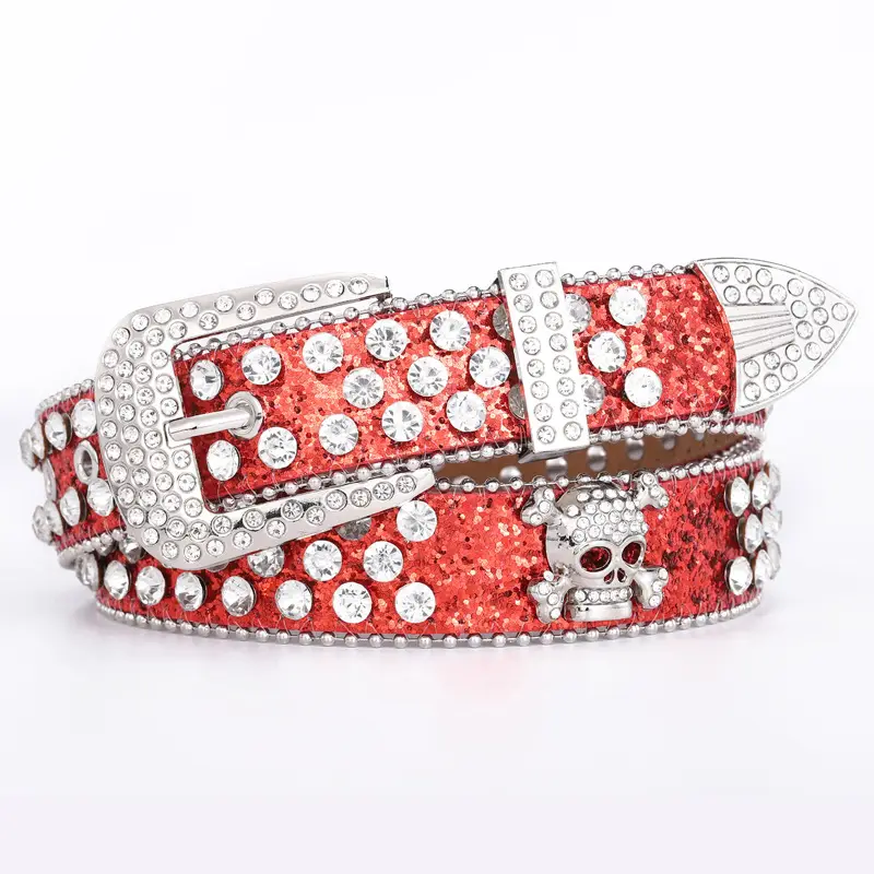 Red Rhinestone Skull Buckle Belt Set for Women - Image 2