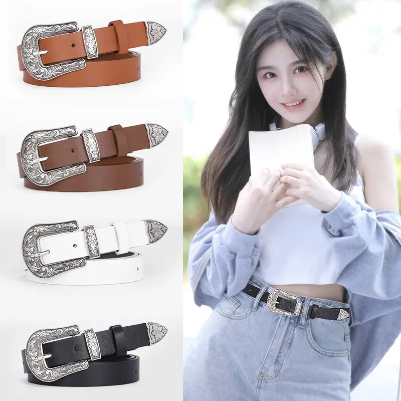 Women's Korean Style Silver Buckle Belt Brown - Image 6