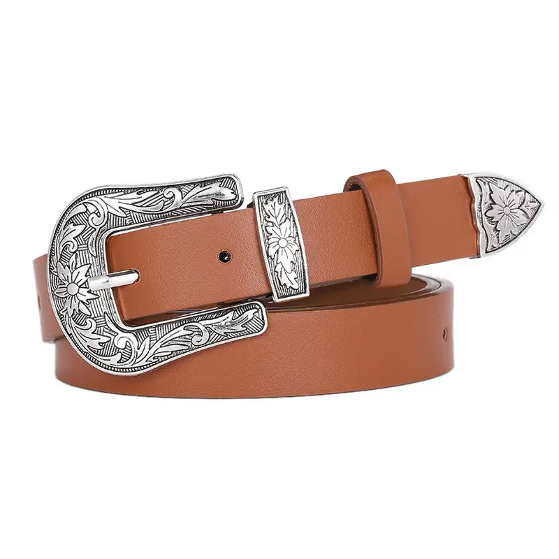 Women's Korean Style Silver Buckle Belt Brown - Image 9