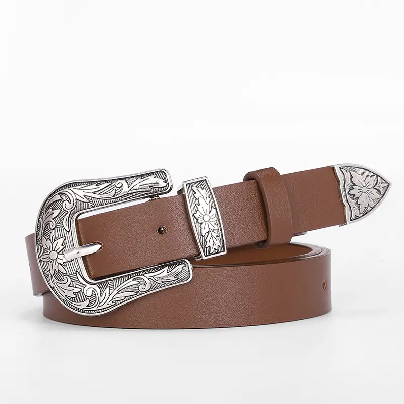 Women's Korean Style Silver Buckle Belt Brown - Image 3