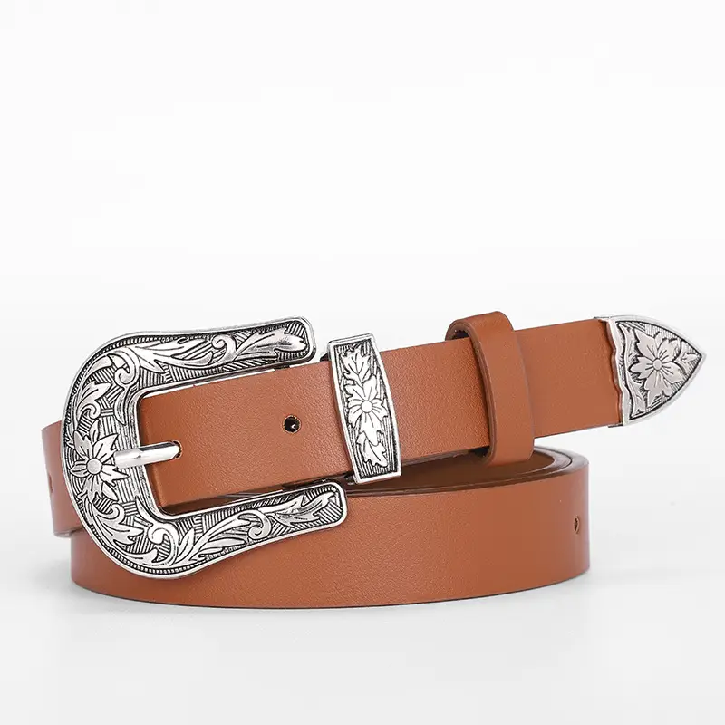 Women's Korean Style Silver Buckle Belt Brown - Image 4