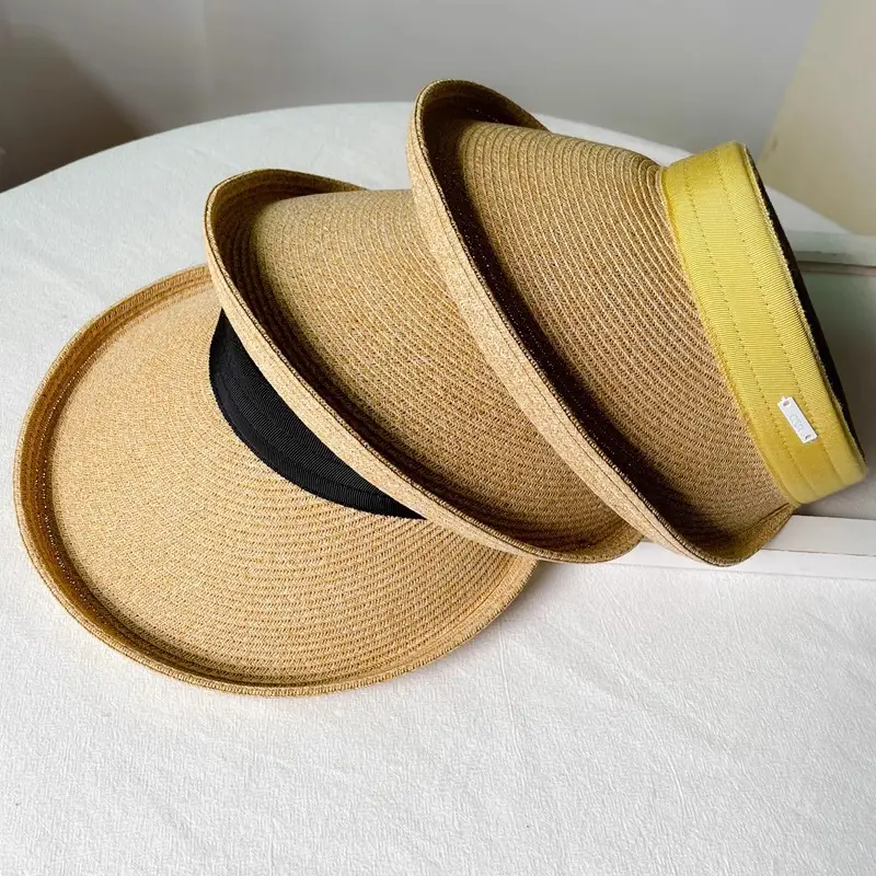 Women Straw Sun Hat with White Strap, 4 Colors - Image 13