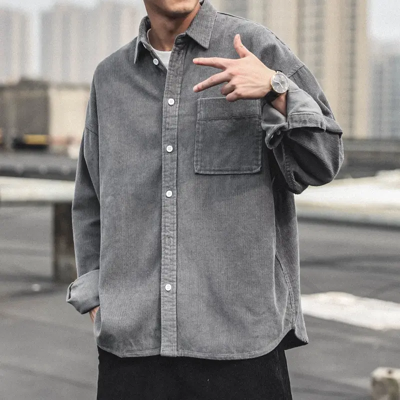 Corduroy Long Sleeve Shirt for Men Brown Autumn Wear - Image 5