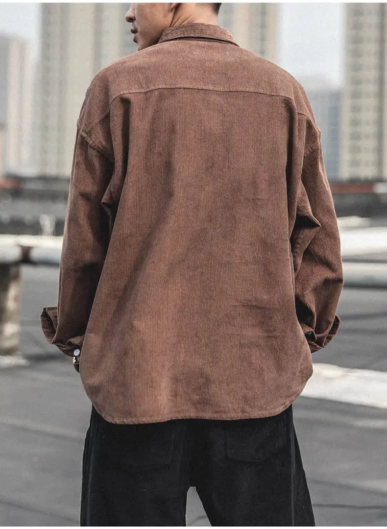 Corduroy Long Sleeve Shirt for Men Brown Autumn Wear — feature 10