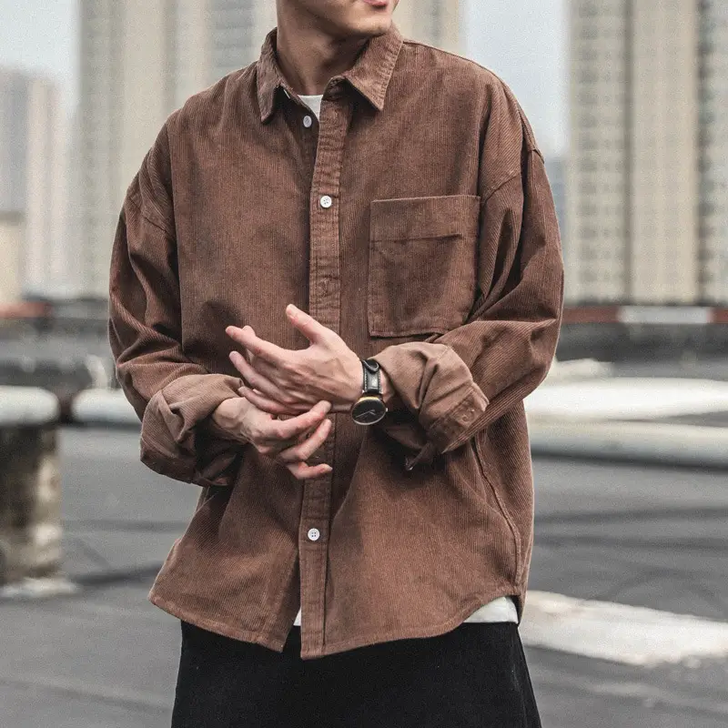 Corduroy Long Sleeve Shirt for Men Brown Autumn Wear — feature 11