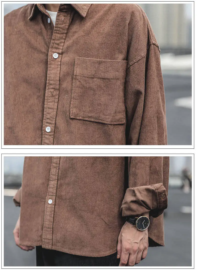 Corduroy Long Sleeve Shirt for Men Brown Autumn Wear — feature 3