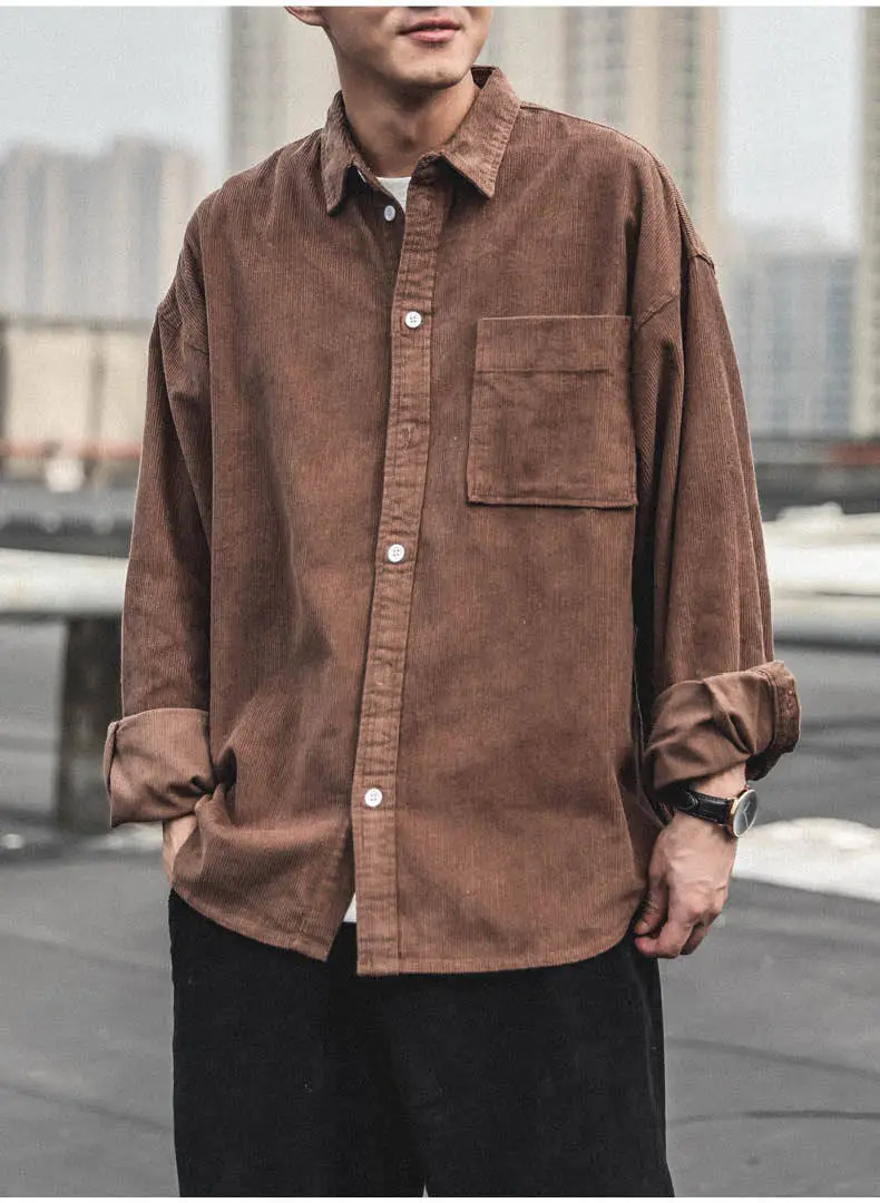 Corduroy Long Sleeve Shirt for Men Brown Autumn Wear — feature 7