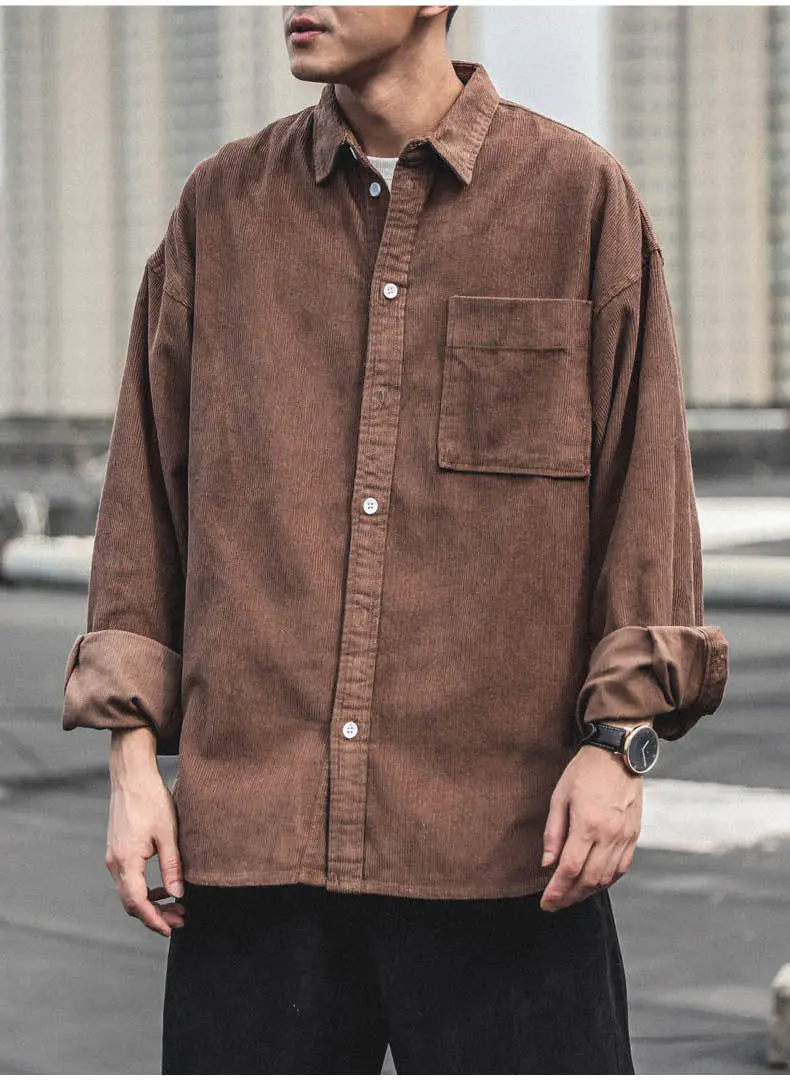 Corduroy Long Sleeve Shirt for Men Brown Autumn Wear — feature 8