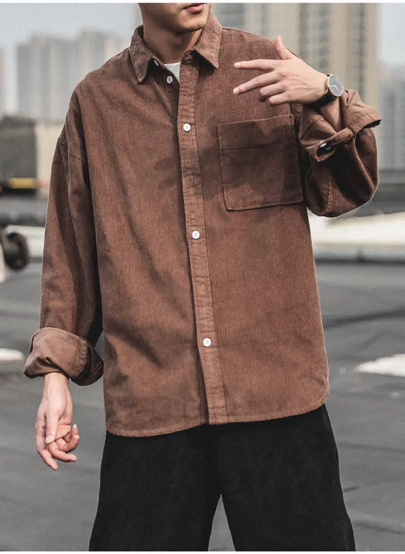 Corduroy Long Sleeve Shirt for Men Brown Autumn Wear — feature 9