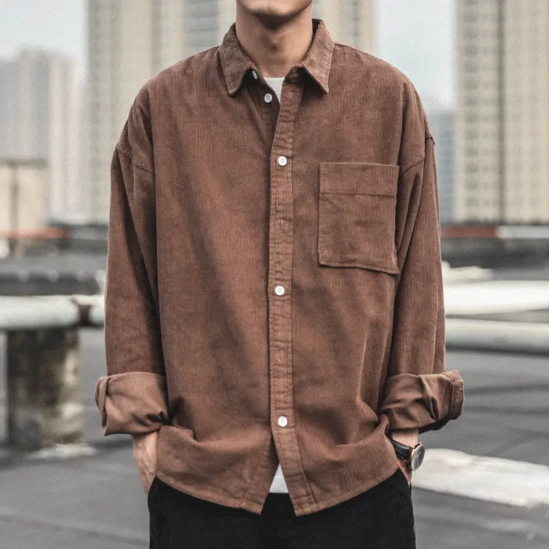 Corduroy Long Sleeve Shirt for Men Brown Autumn Wear - Image 3