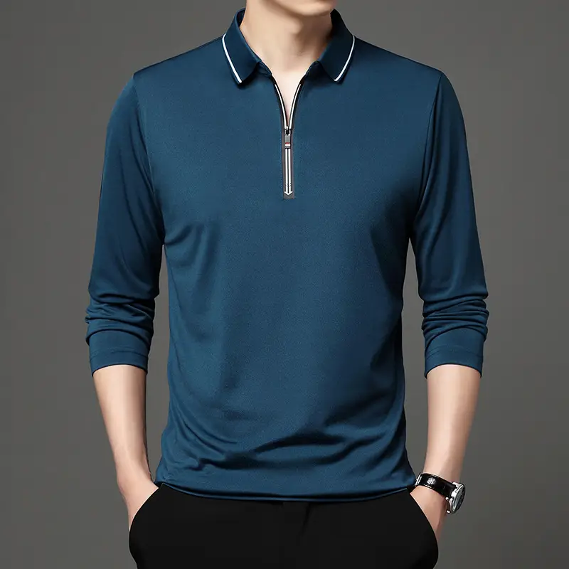 Men's Blue Collared Polo T-Shirt Long Sleeve Cotton - Image 7