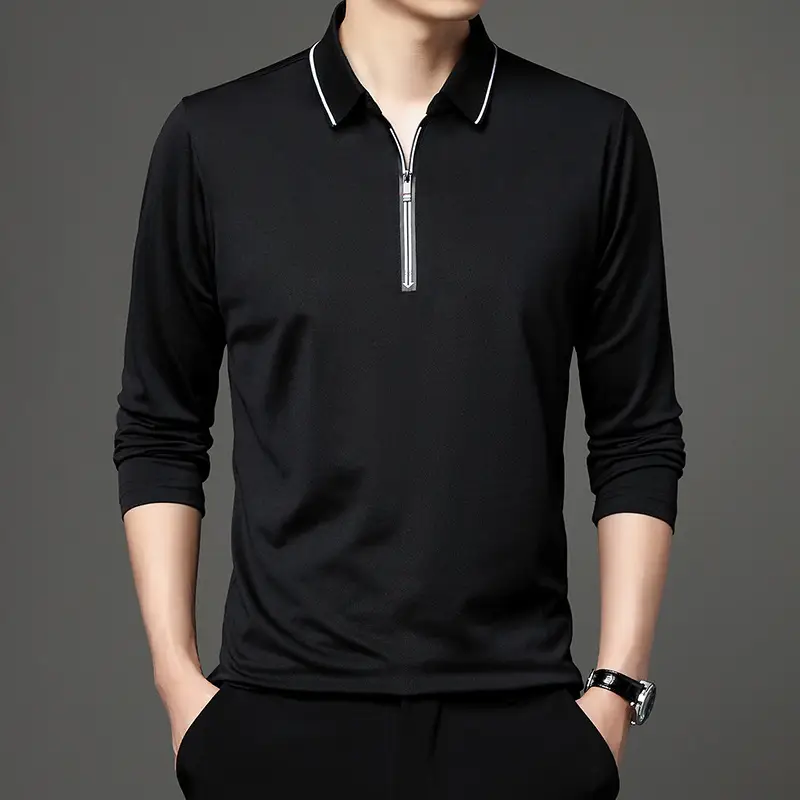 Men's Blue Collared Polo T-Shirt Long Sleeve Cotton - Image 8