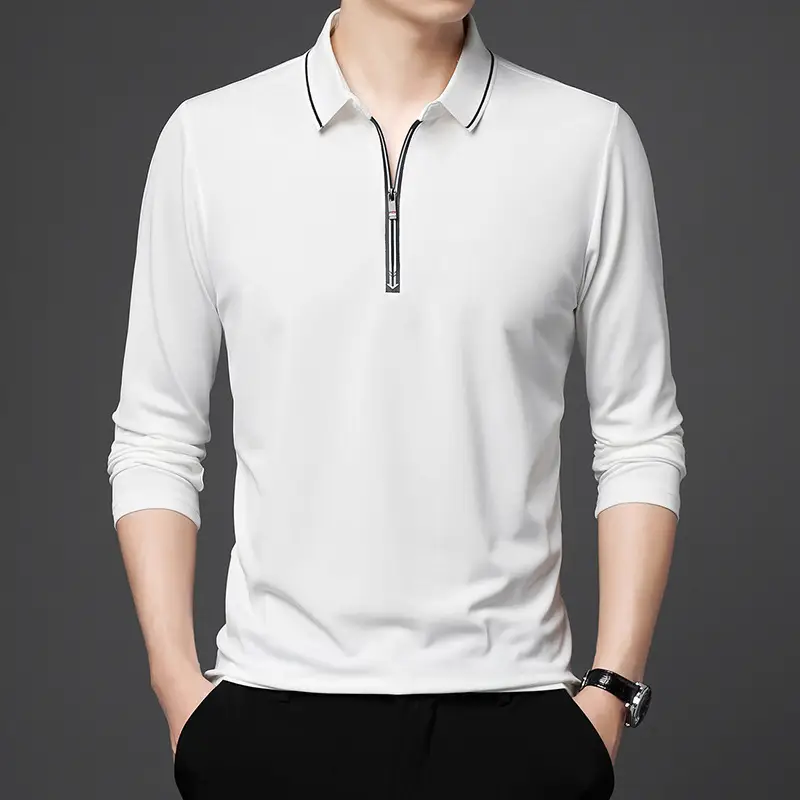 Men's Blue Collared Polo T-Shirt Long Sleeve Cotton - Image 9