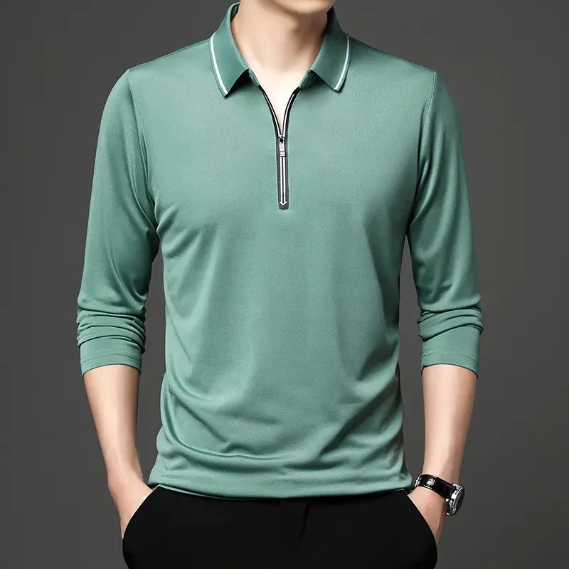 Men's Blue Collared Polo T-Shirt Long Sleeve Cotton - Image 10