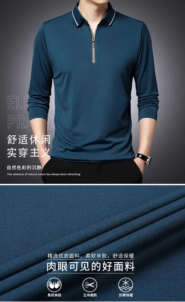 Men's Blue Collared Polo T-Shirt Long Sleeve Cotton — feature 1
