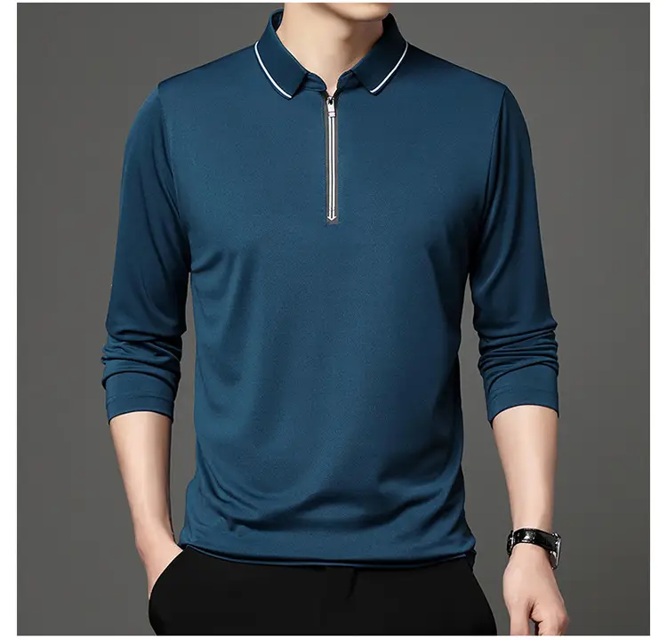 Men's Blue Collared Polo T-Shirt Long Sleeve Cotton — feature 10