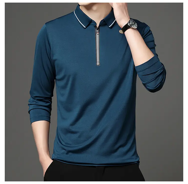 Men's Blue Collared Polo T-Shirt Long Sleeve Cotton — feature 11