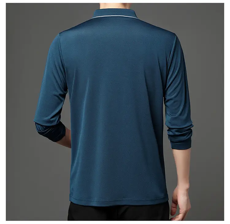 Men's Blue Collared Polo T-Shirt Long Sleeve Cotton — feature 12