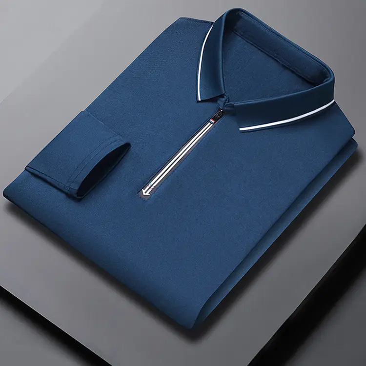Men's Blue Collared Polo T-Shirt Long Sleeve Cotton — feature 13