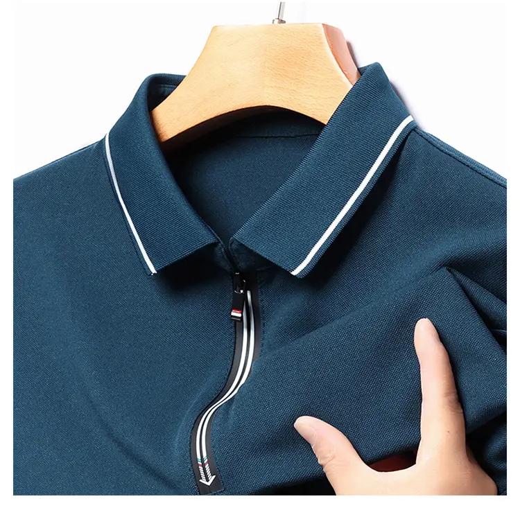 Men's Blue Collared Polo T-Shirt Long Sleeve Cotton — feature 14