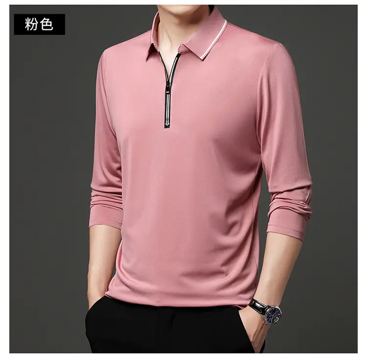 Men's Blue Collared Polo T-Shirt Long Sleeve Cotton — feature 15