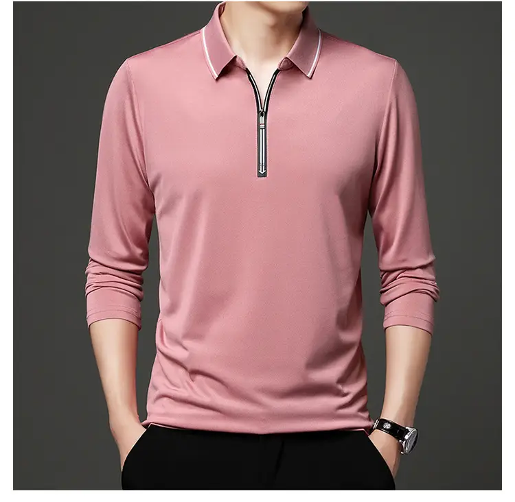 Men's Blue Collared Polo T-Shirt Long Sleeve Cotton — feature 16