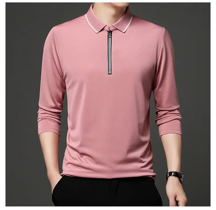 Men's Blue Collared Polo T-Shirt Long Sleeve Cotton — feature 17