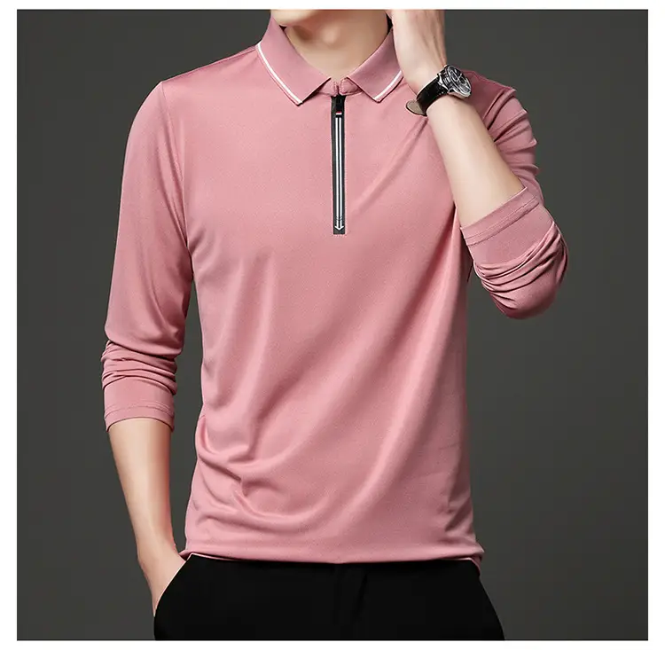 Men's Blue Collared Polo T-Shirt Long Sleeve Cotton — feature 18