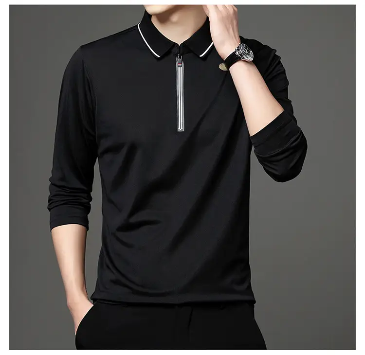 Men's Blue Collared Polo T-Shirt Long Sleeve Cotton — feature 24