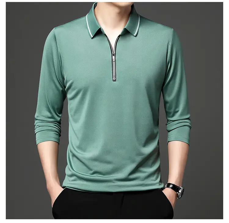 Men's Blue Collared Polo T-Shirt Long Sleeve Cotton — feature 28