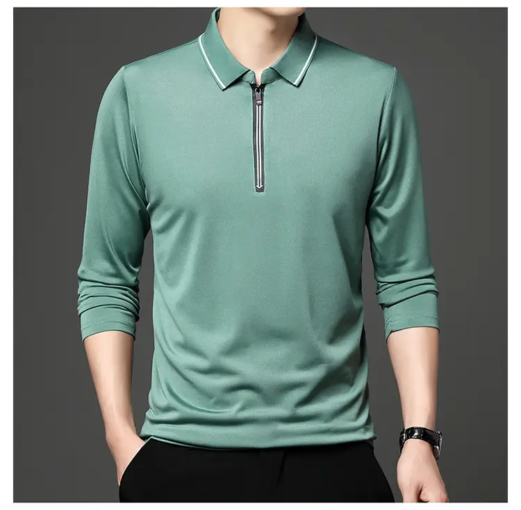 Men's Blue Collared Polo T-Shirt Long Sleeve Cotton — feature 29