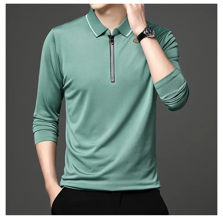 Men's Blue Collared Polo T-Shirt Long Sleeve Cotton — feature 30