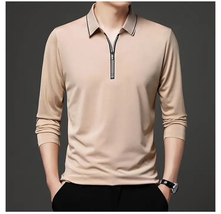 Men's Blue Collared Polo T-Shirt Long Sleeve Cotton — feature 34