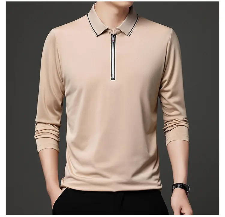 Men's Blue Collared Polo T-Shirt Long Sleeve Cotton — feature 35