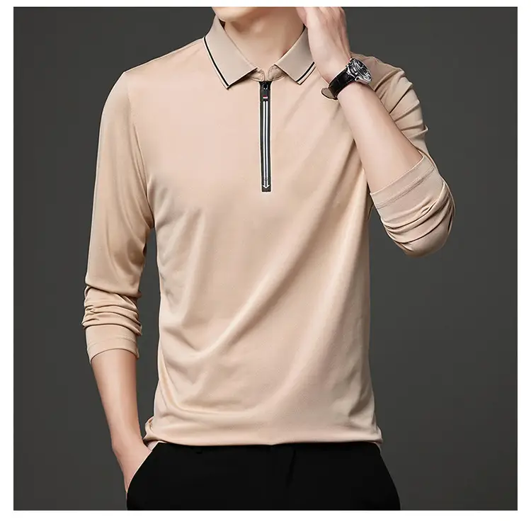 Men's Blue Collared Polo T-Shirt Long Sleeve Cotton — feature 36