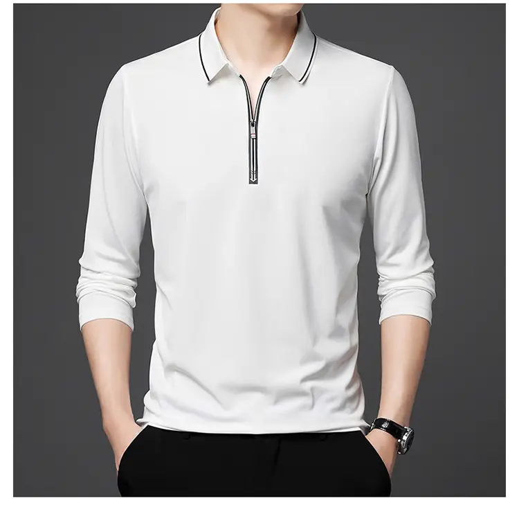 Men's Blue Collared Polo T-Shirt Long Sleeve Cotton — feature 40