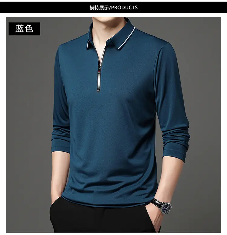 Men's Blue Collared Polo T-Shirt Long Sleeve Cotton — feature 8