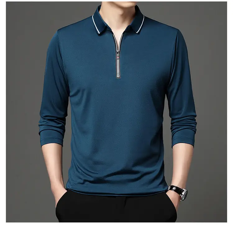 Men's Blue Collared Polo T-Shirt Long Sleeve Cotton — feature 9