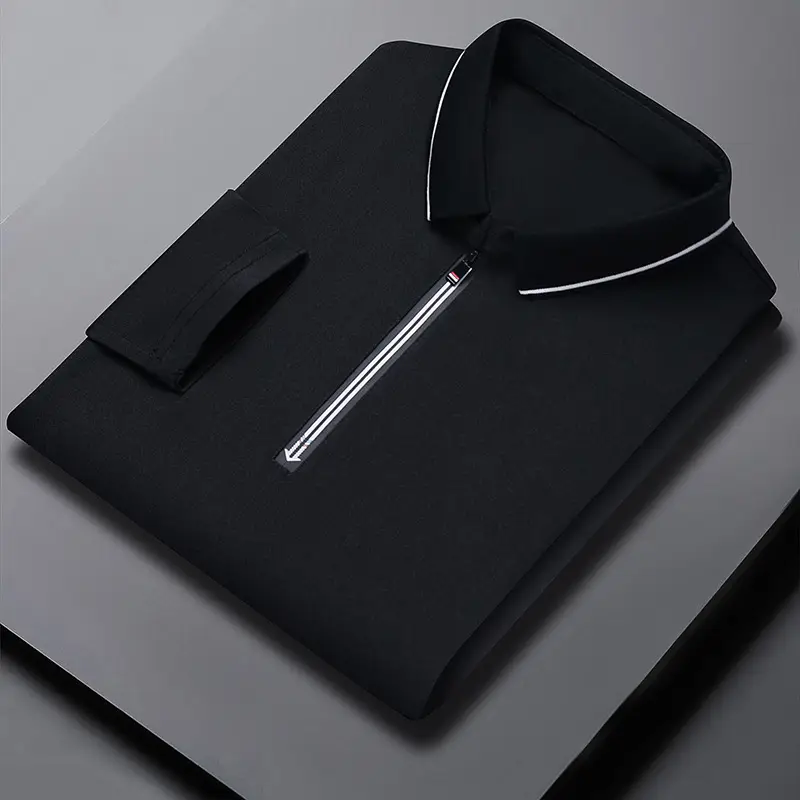 Men's Blue Collared Polo T-Shirt Long Sleeve Cotton - Image 2