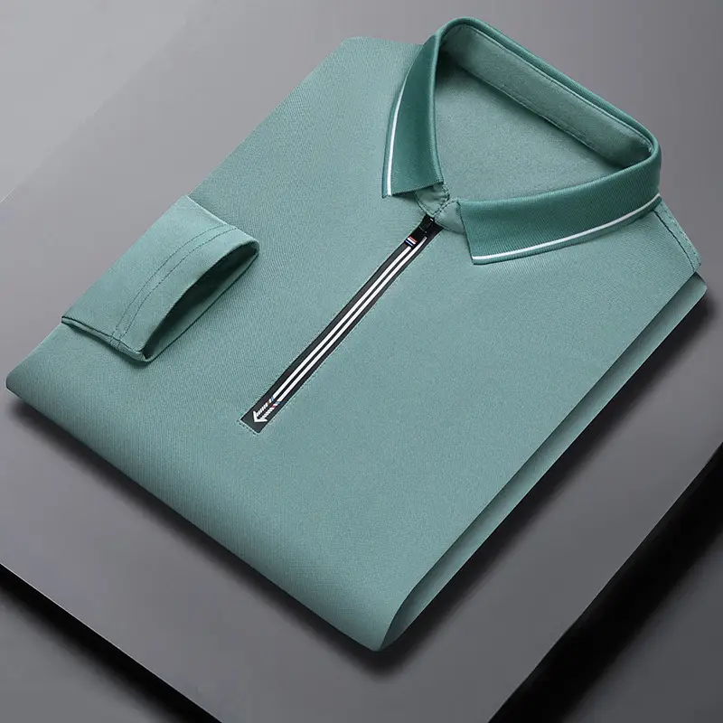 Men's Blue Collared Polo T-Shirt Long Sleeve Cotton - Image 4