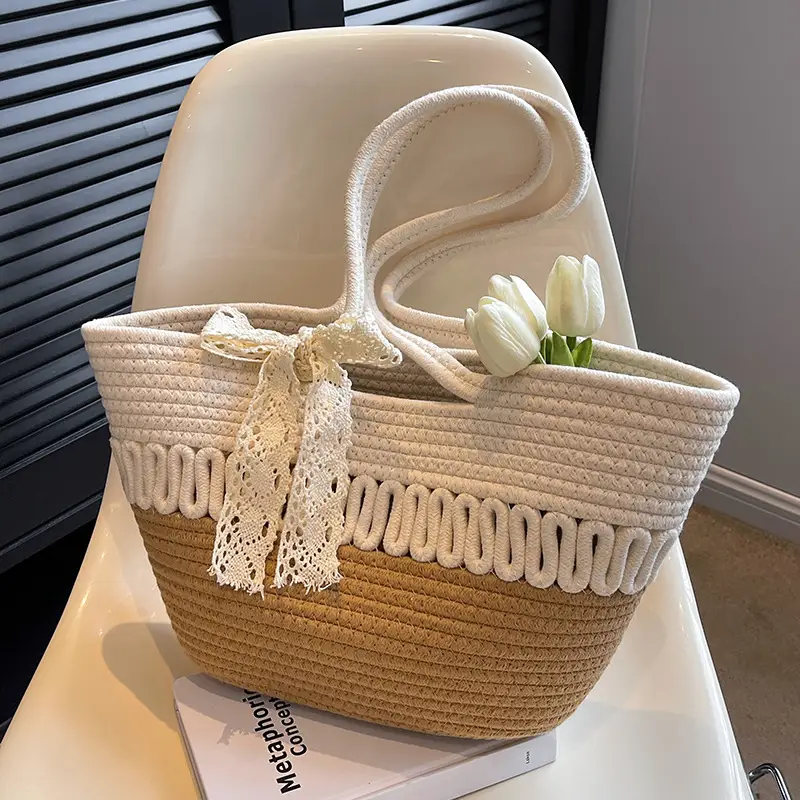 Woven Beach Bag with Lace Handle, 2024 Fashionable Tote - Image 5