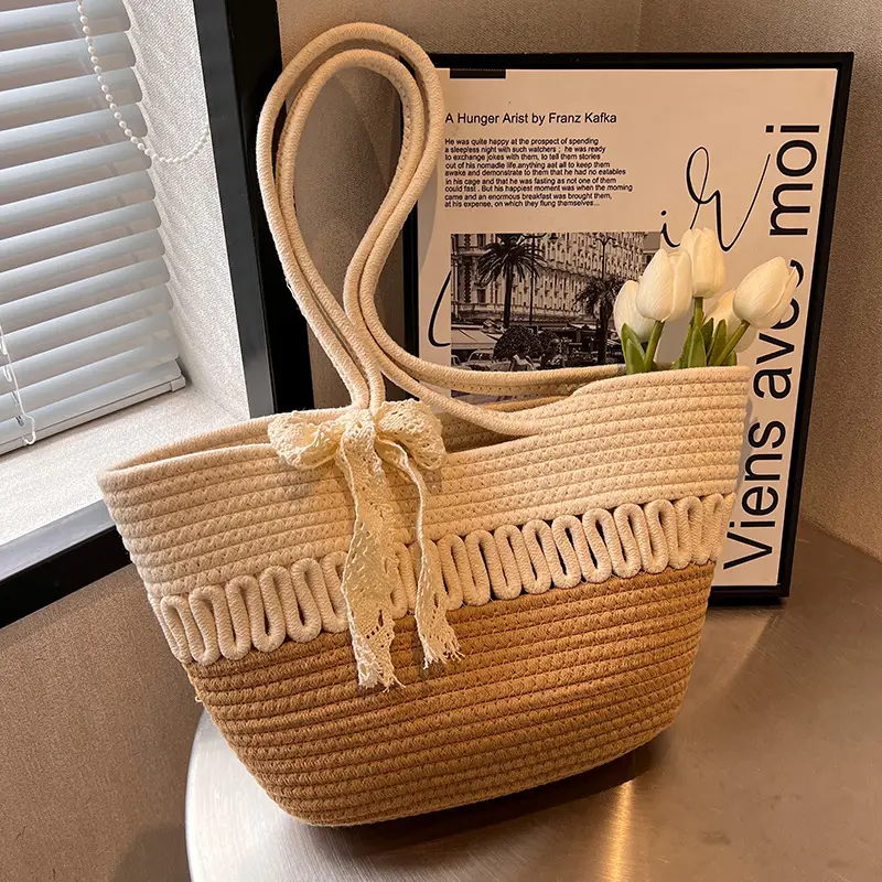 Woven Beach Bag with Lace Handle, 2024 Fashionable Tote - Image 6