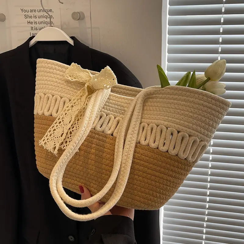 Woven Beach Bag with Lace Handle, 2024 Fashionable Tote - Image 7