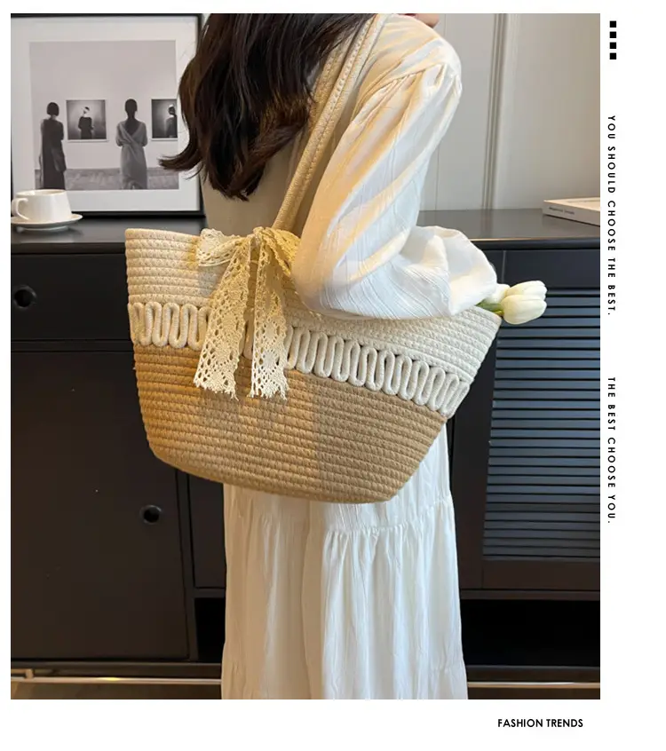 Woven Beach Bag with Lace Handle, 2024 Fashionable Tote — feature 1