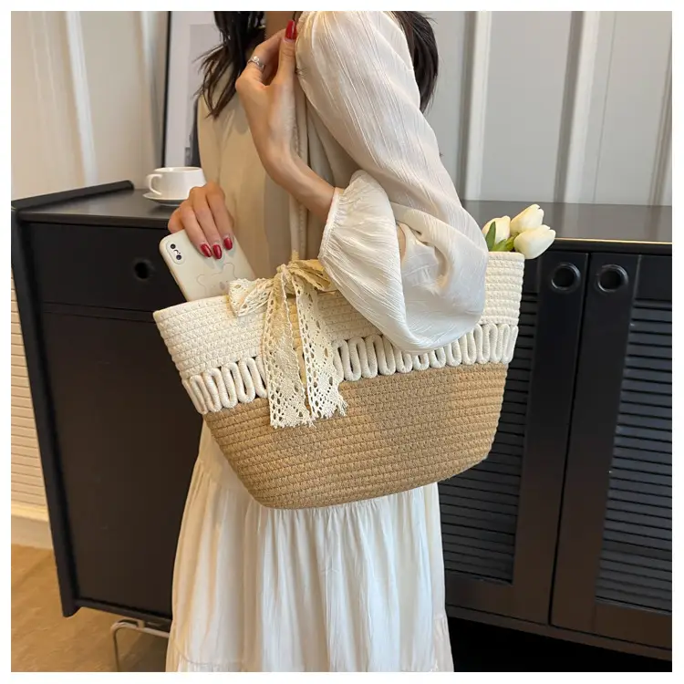Woven Beach Bag with Lace Handle, 2024 Fashionable Tote — feature 10
